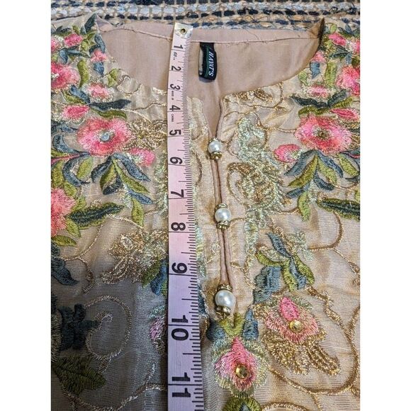 Hayat Embroidered Beige Pink Green Floral Kurti Dress S/M Ethereal Special Occas - Picture 6 of 14